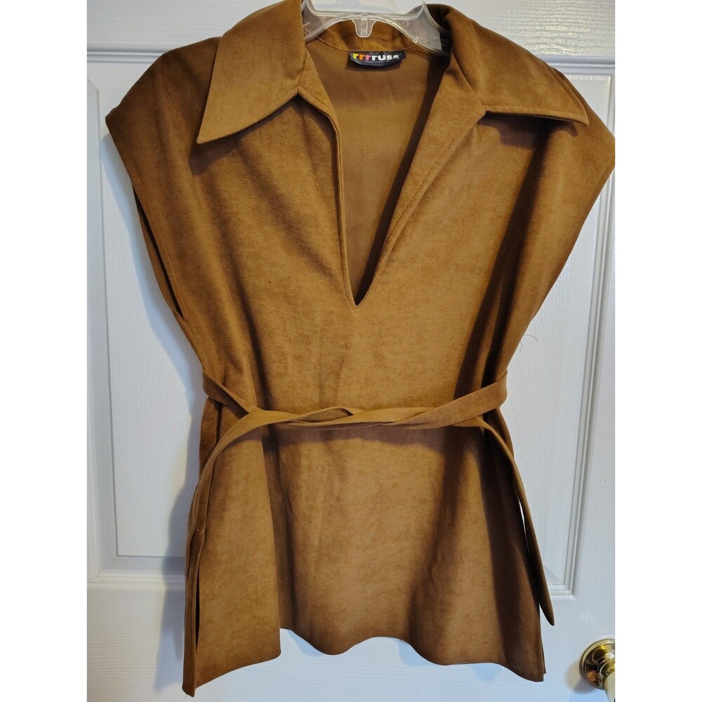 Vintage rrrruss Women's Brown Velvet Sleeveless Belted Collared Tie Mid-Length